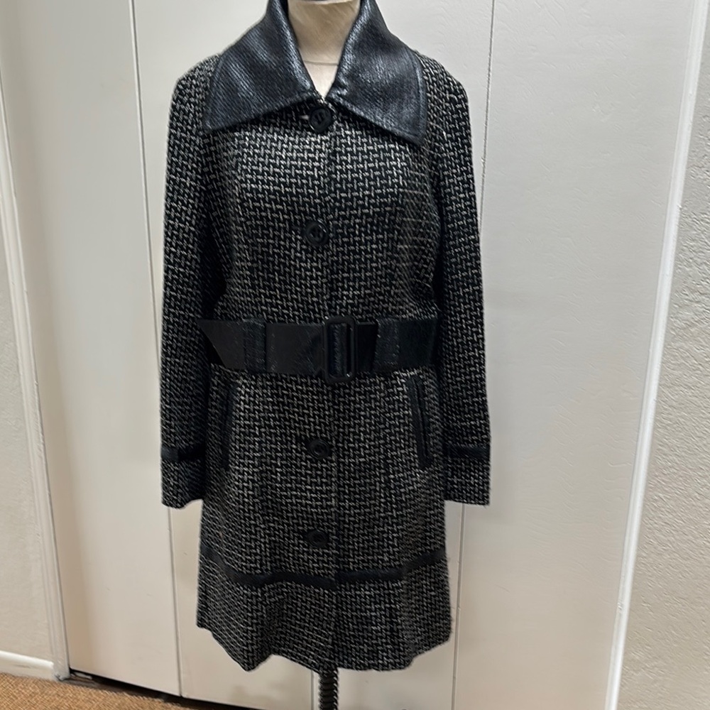 Vertigo Paris Black and White Trench Coat with Faux Leather Belt, Trim, Collar